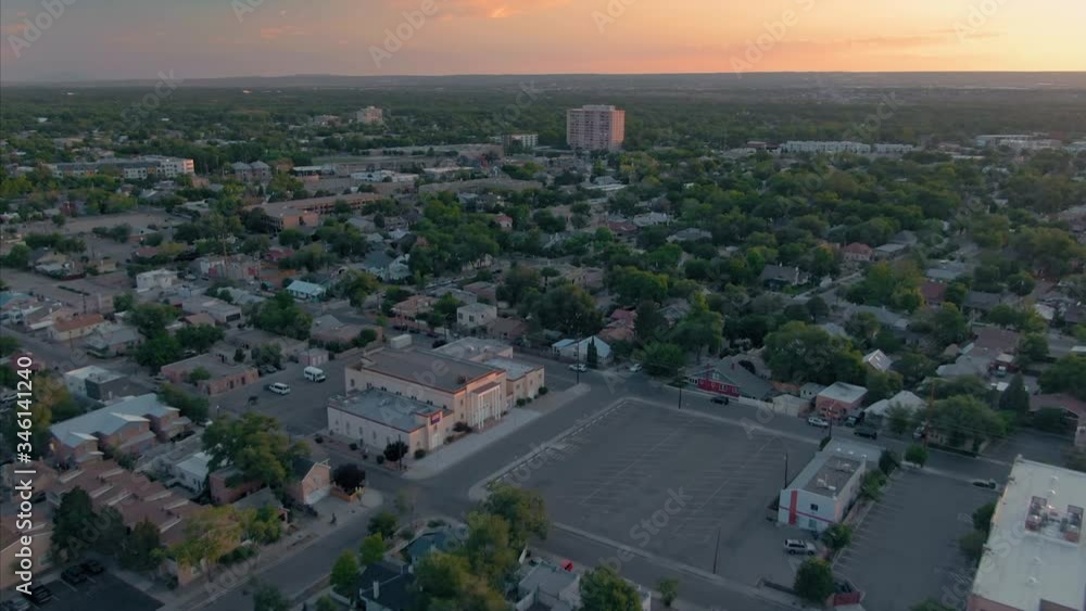 Albuquerque, New Mexico, USA.  flying over the suburbs at sunset.