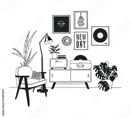 Hand drawn interior objecton white background.Vector Cozy Line Illustration. Creative art work. Doodle drawing room photo