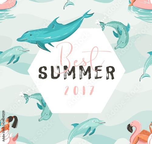 Hand drawn vector abstract cute summer time card with beach girl swimming on pink flamingo float circle  dolphins in blue ocean waves texture and Best summer typography.