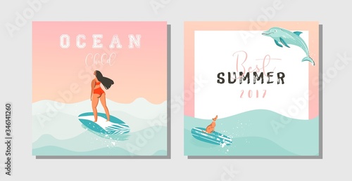 Hand drawn vector abstract exotic summer time funny save the date cards set collection template with surfer girls,surfboard,dog,sunset and typography quote on on blue ocean waves water