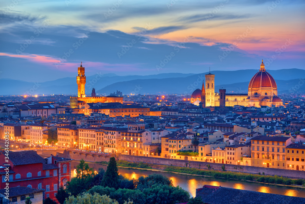 Florence, Tuscany - Night scenery with Duomo Santa Maria del Fiori, Renaissance architecture in Italy