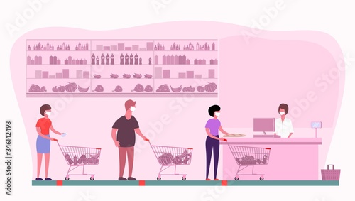 Physical distancing Concept. People in masks stand at marks at distance from each other in store, supermarket to protect yourself from catching coronavirus at supermarket. Flat Design
