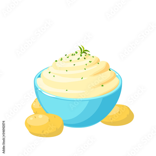 Unpeeled tubers and bowl of mashed potatoes. Vector illustration cartoon flat icon isolated on white background.