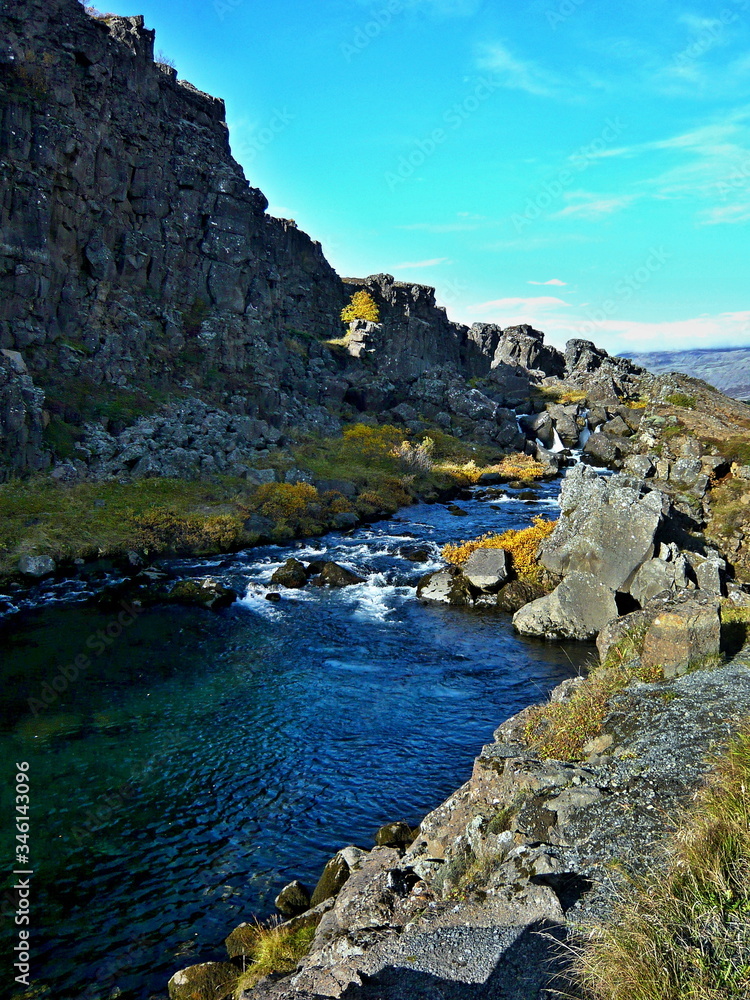 Iceland- view of river Öxará  in Thingvellir National Park