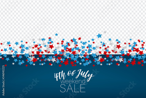 4th of July Independence day salebanner. USA national holiday design concept with red, blue, and white stars over transparent background. Vector illustration.