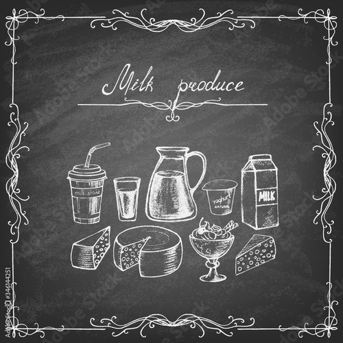 Milk products collection. Hand drawn elements. Vector illustration.