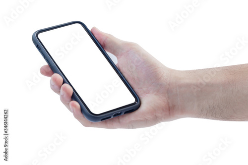 Holding the right hand the smartphone black color￼ with white screen ,isolated on white background￼