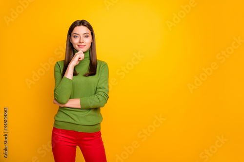 Portrait of dreamy charming girl touch chin fingers think thoughts about work decide choose solution wear good looking outfit isolated over bright color background