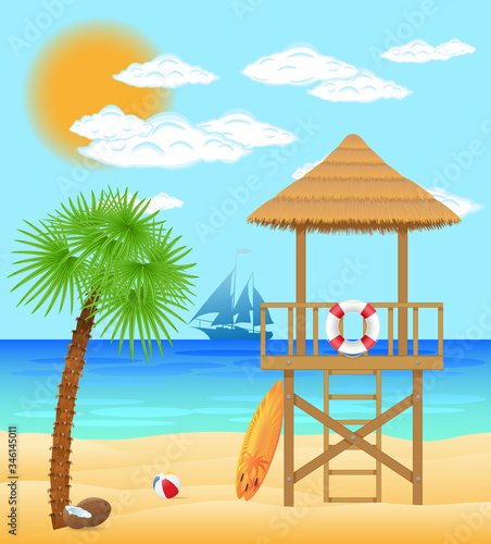 beach lifeguard tower to save drowning people vector illustration