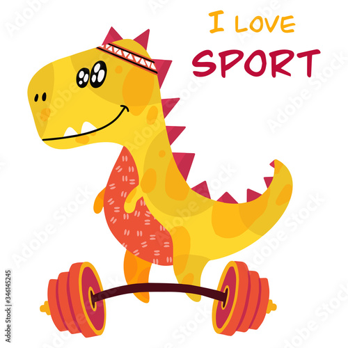 Cute dinosaur monster goes in for sports. Dinosaur with a barbell and the inscription I love sports. Vector illustration.