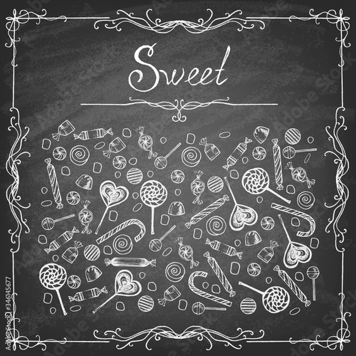 Doodle style hard candy set sketch on blackboard in vector format. Includes lollipops, wrapped candy, butterscotch, candy corn, gum drops, and jelly beans. 