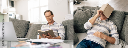 collage of handsome man smiling, reading book and resting in living room