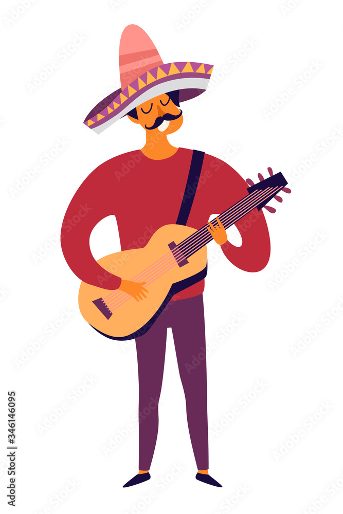 Mexican musician playing guitar vector illustration. Drawing cartoon man  with mexican traditional hat sombrero. Colorful drawings mexican man  isolation on white background Stock Vector | Adobe Stock