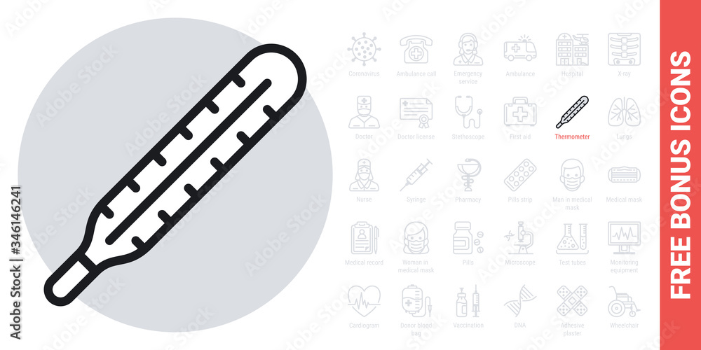 Medical thermometer icon. Simple black and white version. Free bonus icons kit included Medical thermometer icon. Simple black and white version. Free bonus icons kit included