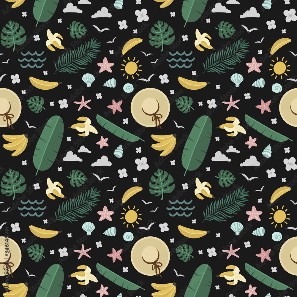 summer seamless pattern, bananas and palm trees, hat and mollusks, vector illustration summer seamless pattern, bananas and palm trees, hat and mollusks, vector illustration
