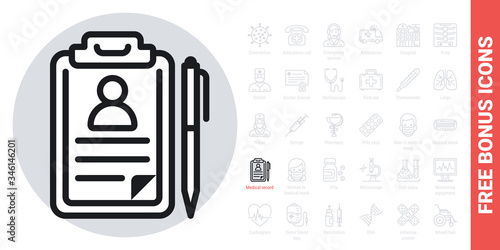 Medical record, disease history or patient card icon. Simple black and white version. Free bonus icons kit included
