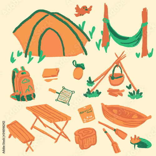 Tourist stuff sticker set on white isolated backdrop. Hiking camp. for travel shop or agency logo, notebook sticker, bath tile. Phone case or cloth print. Kids drawn style stock vector illustration
