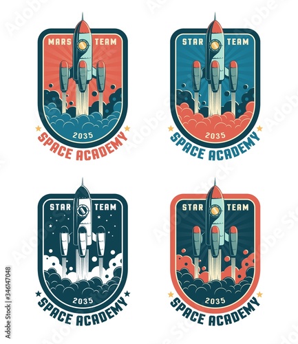 Space rocket retro badge with launch rocket. Universe exploration vintage emblem with spaceship. Vector vintage illustration.