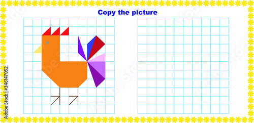 Copy the image using grid lines, a simple educational game for preschool education of children with an easy game level, a child drawing game with a cartoon cock