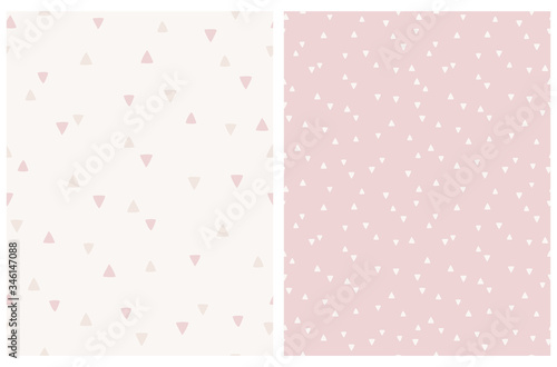 Geometric Seamless Vector Patterns with White Triangles Isolated on a Pastel Pink Background. Simple Lovely Confetti Rain of Triangle Shape. Beige and Pink Elements on a Light Cream Backdrop.