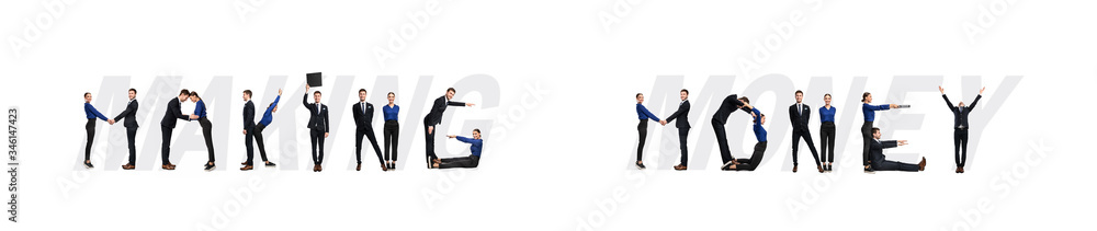 Group of people forming Making Money phrase at studio Group of people forming Making Money phrase at studio