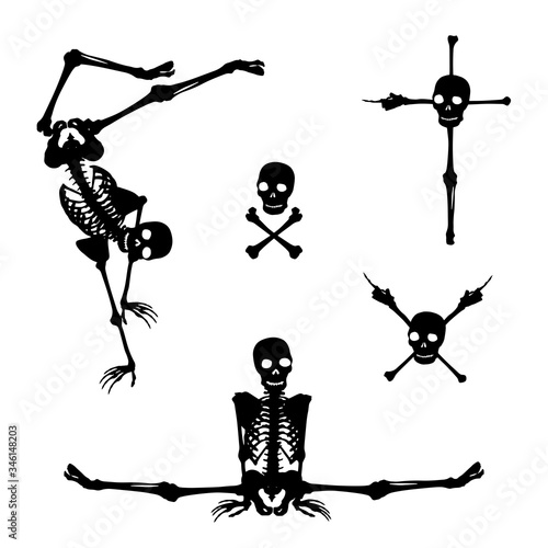 Funny skeleton and black marks silhouettes set. Halloween clip art on white background
