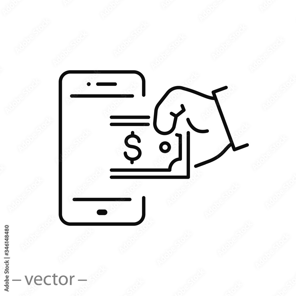 Top up payment with mobile icon, pay cashless, nfc communication, thin line web symbol on white background - editable stroke vector illustration eps10 Top up payment with mobile icon, pay cashless, nfc communication, thin line web symbol on white background - editable stroke vector illustration eps10