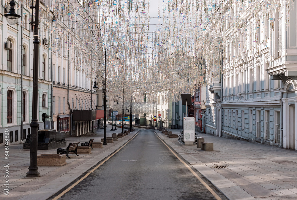 Empty Nikolskaya street in Moscow during the quarantine lockdown in April 2020