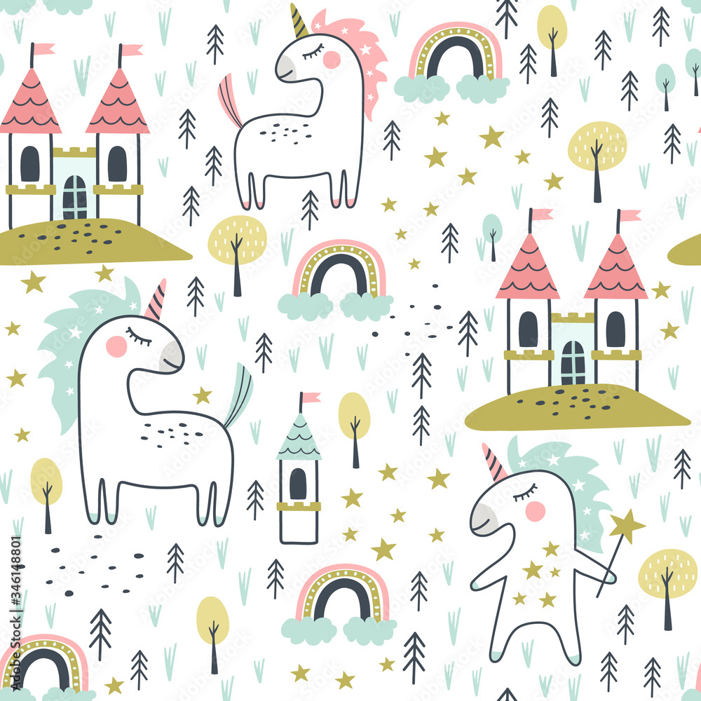 Seamless pattern with cute unicorn and castle. Vector