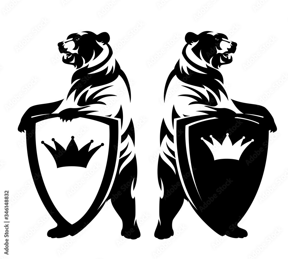 Fototapeta rearing up bear holding heraldic shield with king crown - black and white vector royal coat of arms design set