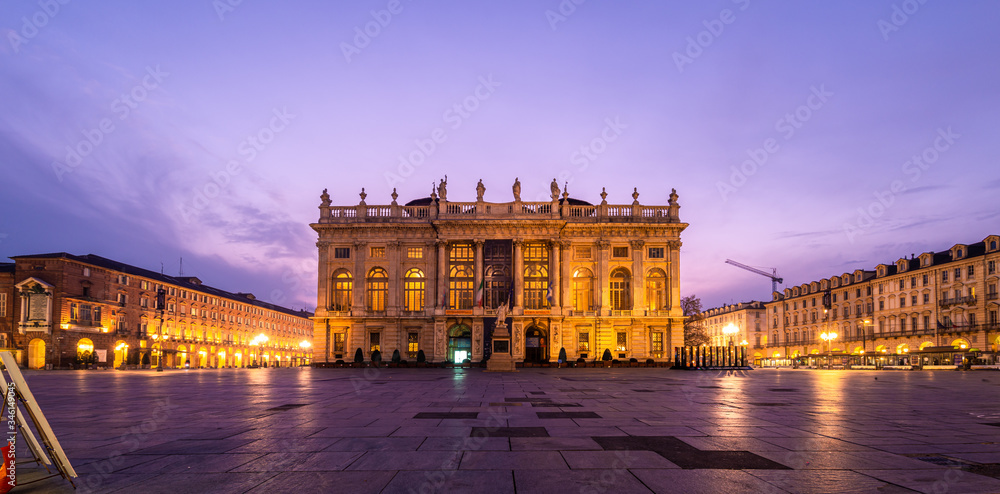 The central square of Turin at dawn, Piazza Castello, Italy.