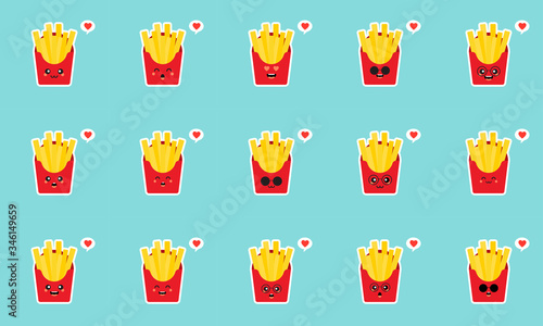 Set Emotions French Fries. Cute cartoon. Vector style smile icons. french fries cartoon character set collection