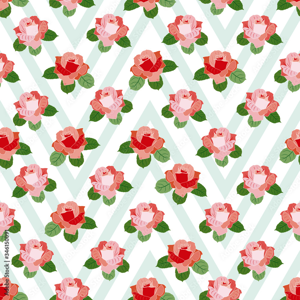 Seamless Vector Floral pattern with big red roses and a geometrical background for decoration, print, textile, stationery, fabric