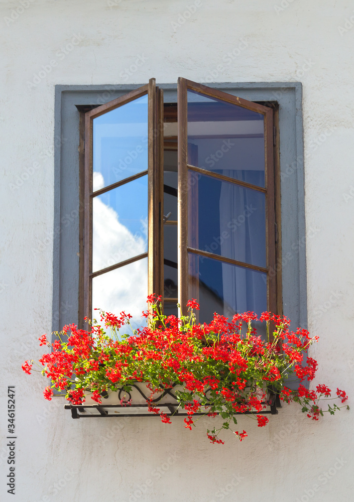 Window with flowers. Cesky Krumlov, Czech republic.