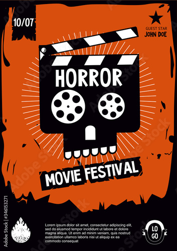 Horror movie festival. Cinema vintage poster with skull. Banner design template. Vector cartoon illustration.