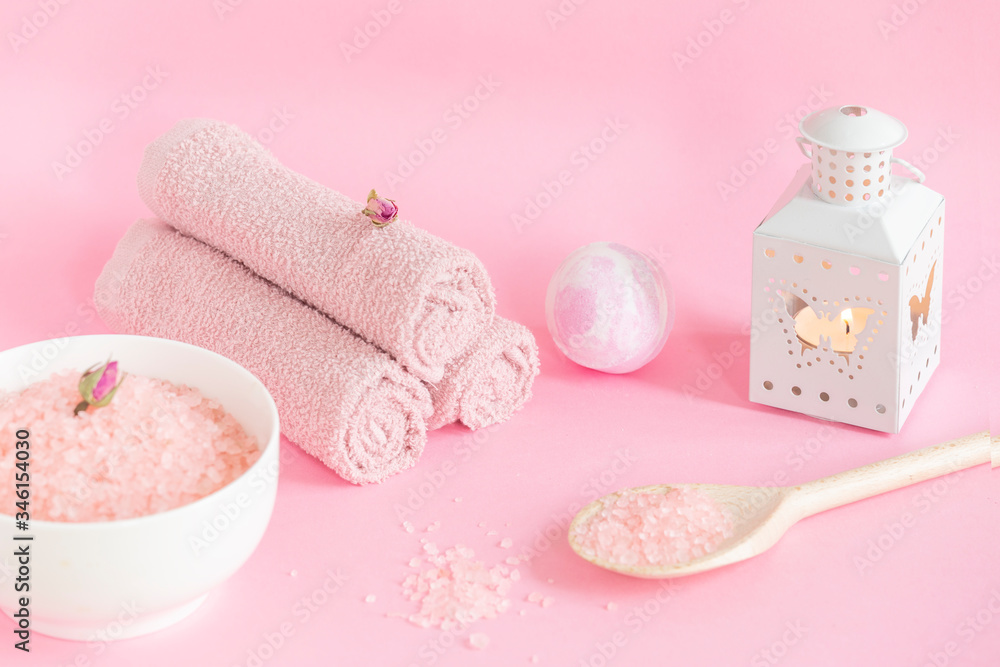 spa still life on pink background , home spa koncept, treat yourself, stay home spa still life on pink background , home spa koncept, treat yourself, stay home