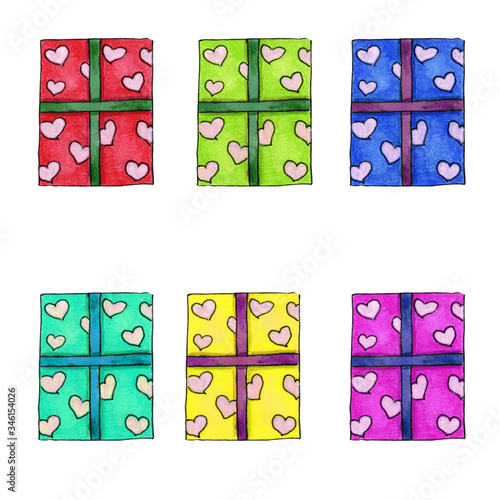 Set of colorful wrapped gift boxes with hearts ribbon, bow and paper card isolated on white background. Watercolor markers hand drawn illustration in cartoon realistic. Holiday, happy new year.