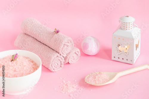 spa still life on pink background , home spa koncept, treat yourself, stay home