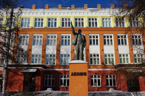 Monument to Lenin in front of school number 1. Serpukhov  Russia.  People say that on this hand a man hanged himself in Soviet times. 