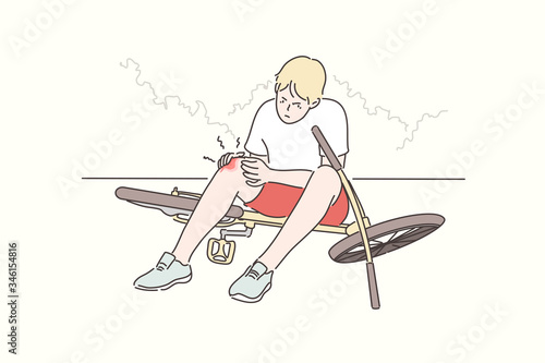 Trauma, sport, cycling, pain, anger concept. Young sad angry boy teenager cartoon character fell down from bike and got injured knee painfully. Summer holiday recreation active lifestyle illustration.