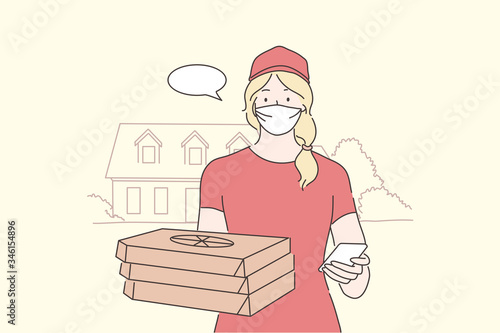 Food delivery, quarantine, coronavirus infection, concept. Young woman supplier cartoon character stands with pizza in medical face mask. Home food delivery on 2019ncov isolation and covid19 desease.