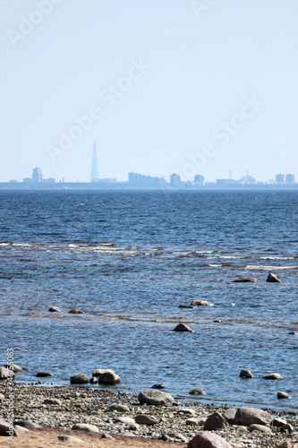 Silhouette of Saint Petersburg russia view from the beach of gulf of Finland