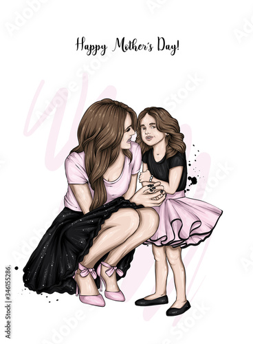 Mom and daughter in identical dresses. Family look. Fashion and style, clothes and accessories. Girl and woman. Mothers Day.