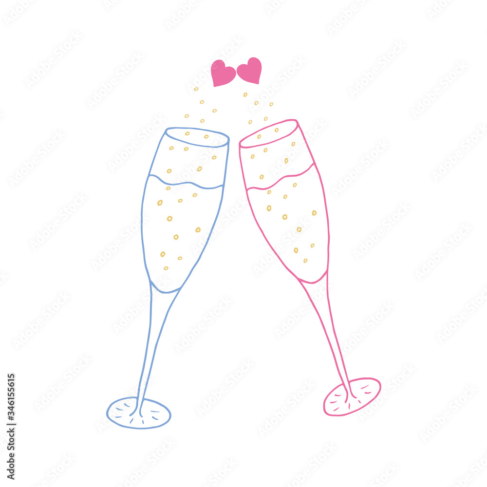 Two glasses of blue and pink wine, champagne, bubble drink. Two hearts as a symbol of love. Doodle vector illustration. Blue and pink lines on a white background.
