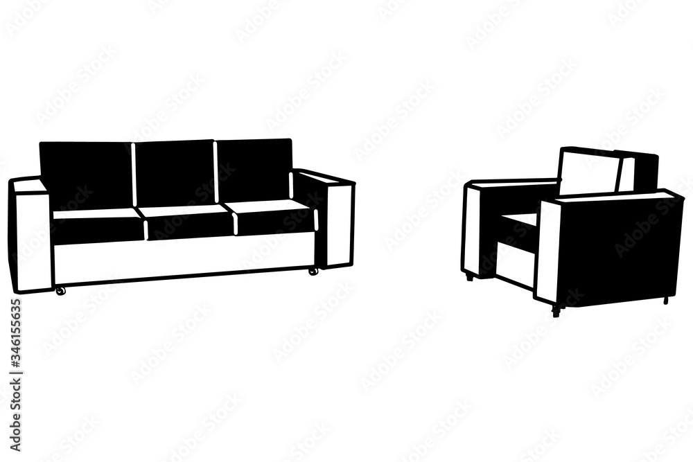 black and white vector sketch of armchair and sofa on wheels black and white vector sketch of armchair and sofa on wheels