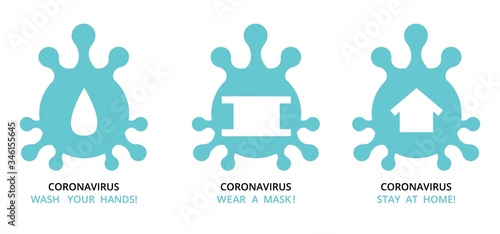 virus , bacteria , microbe icon shape set , group of schematic pictures of medicine icons with text recommendation signs for quarantine at self isolation stay home period . vector