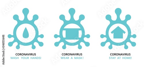 virus , bacteria , microbe icon shape set , group of schematic pictures of medicine icons with text recommendation signs for quarantine at self isolation stay home period . vector