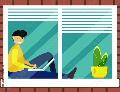 Man with laptop and headphones sit on the plastic window. Remote work from home, freelance. Online learning. Potted flower on windowsill. Stone background.Vector illustration in flat style.