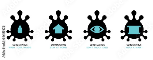 virus , bacteria , microbe icon shape set , group of schematic pictures of medicine icons with text recommendation signs for quarantine at self isolation stay home period . vector