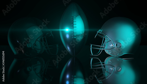 American football helmets and trophy ball on black dark background, 3d rendering photo